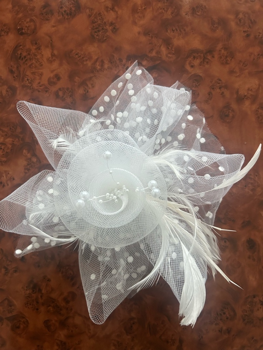 White Bridal Fascinator Hair Clip with Feather and Pearl Accents